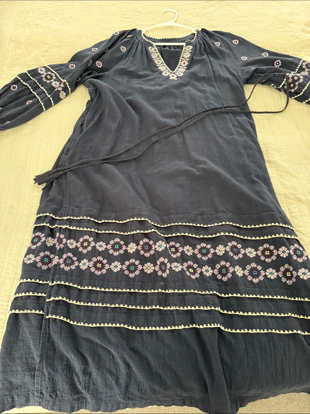 Madewell Navy Embroidered Maxi Dress with Braided Waist Tie